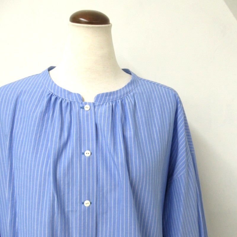 Parkes  袖口シャーリングストライプブラウス /SAX2 【日本製】